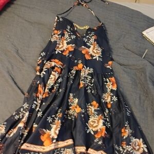 Floral Halter Dress with Orange and White Accents